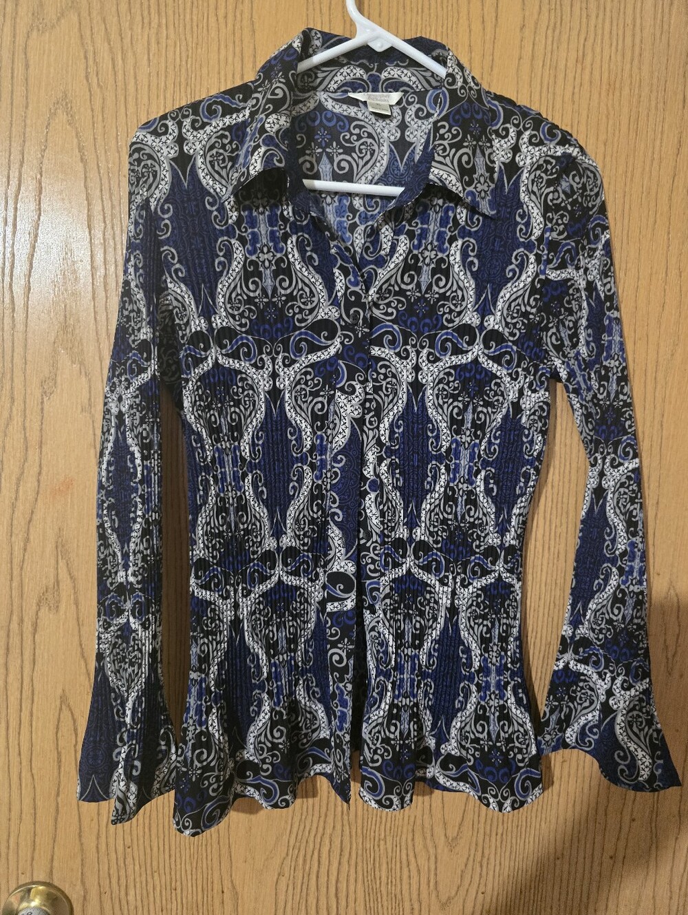 Plus-Size Navy Paisley Button-Front Blouse - Picture 2 of 4
